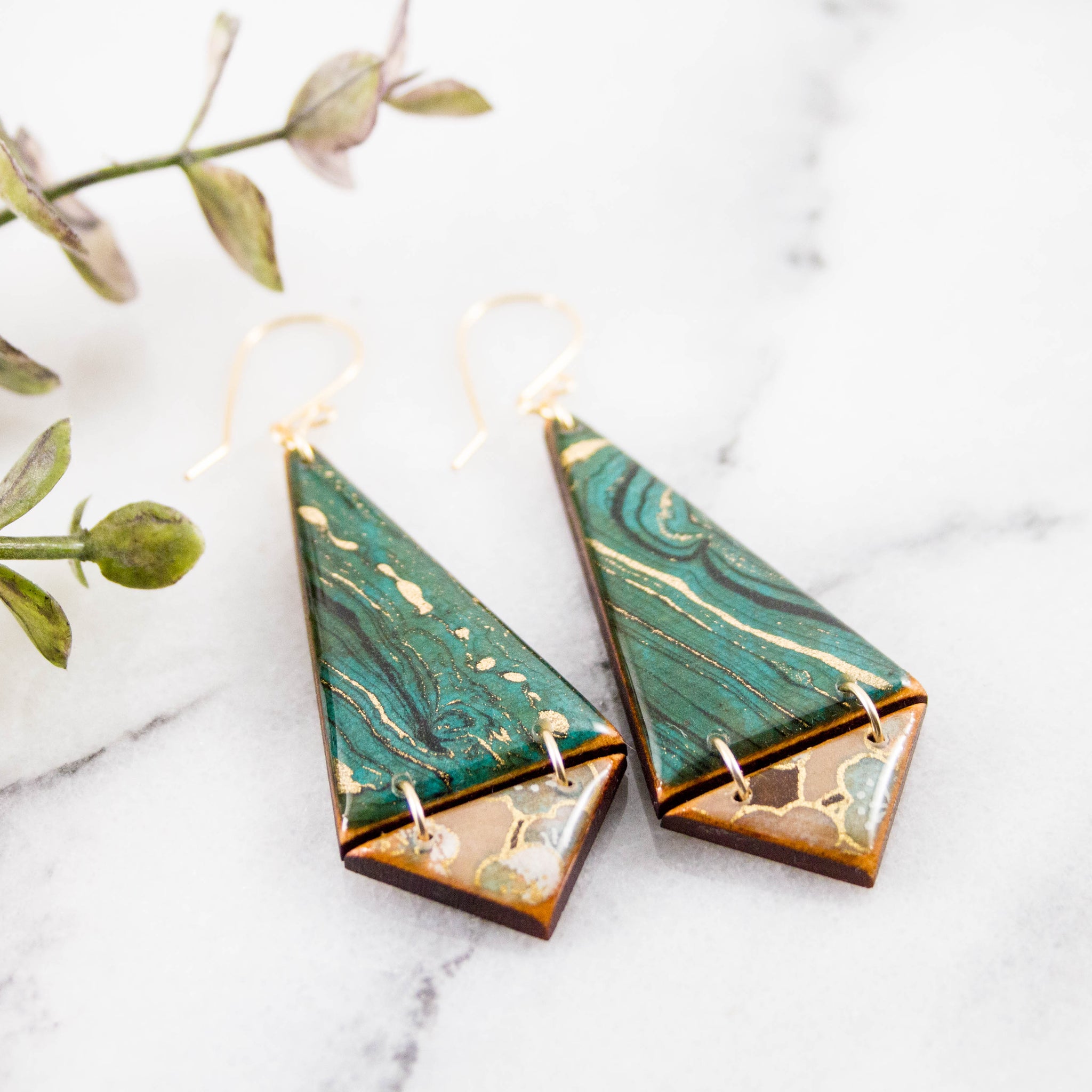 Japanese Double Triangle Earrings- Turquoise Marble