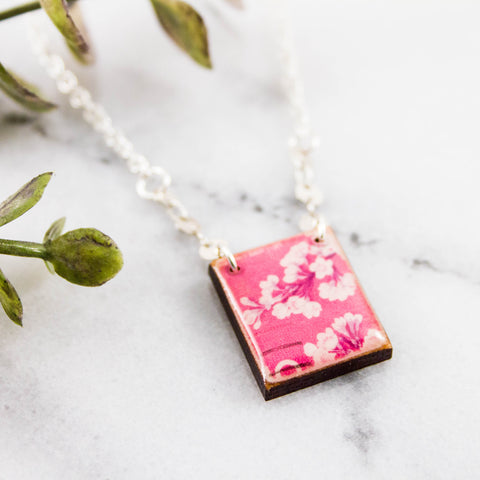 JAPAN - Vintage Pink Cherry Blossom Postage Stamp Necklace