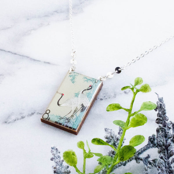 CHINA - Vintage Crane Postage Stamp Necklace