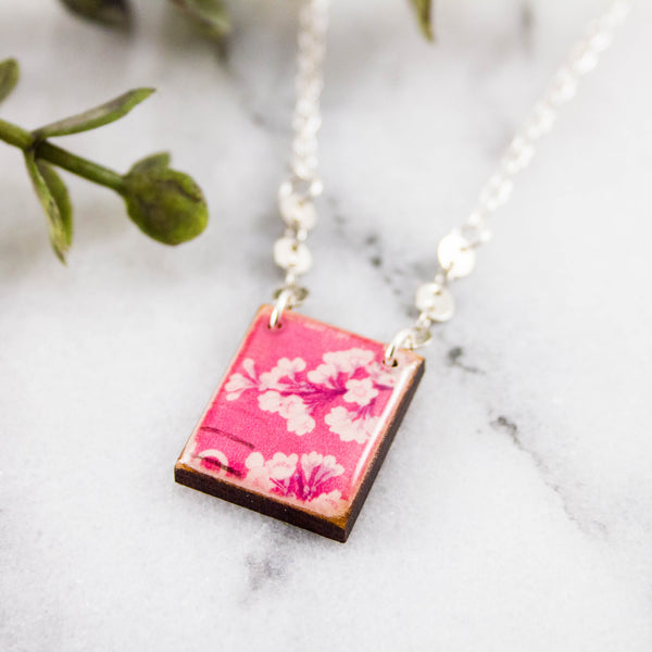 JAPAN - Vintage Pink Cherry Blossom Postage Stamp Necklace