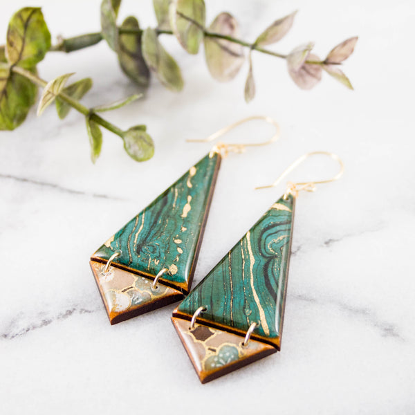 Japanese Double Triangle Earrings- Turquoise Marble
