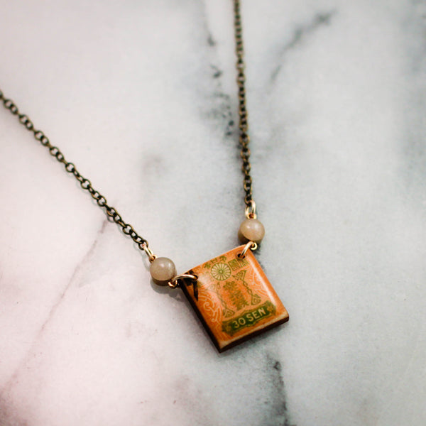 JAPAN- Antique Postage Stamp Yellow Floral Necklace