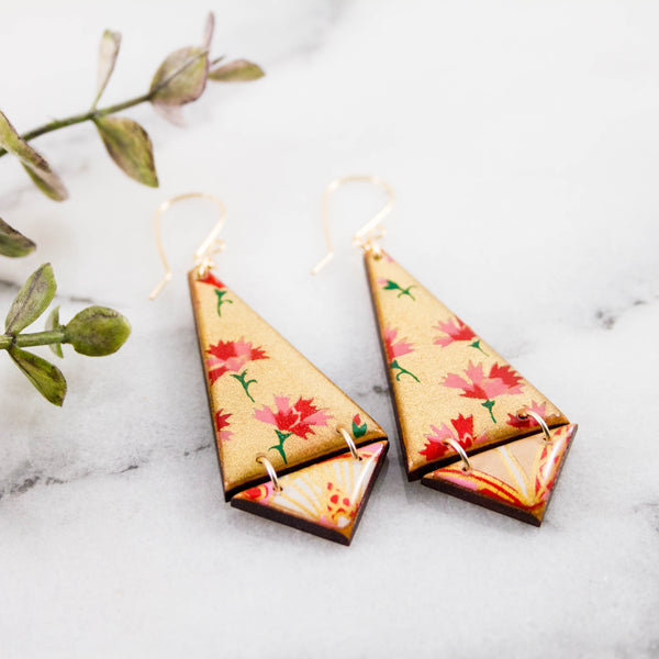 Japanese Double Triangle Earrings- Gold + Pink Floral