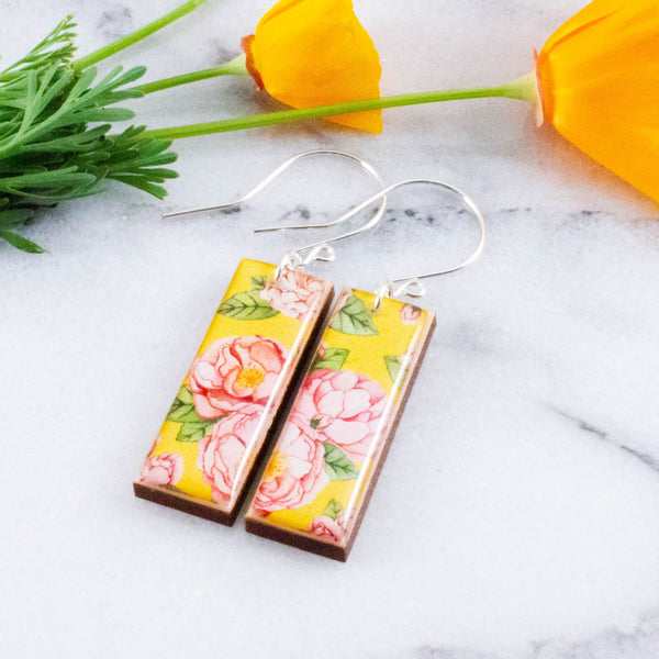 Yellow + Pink Peony Rectangle Earrings