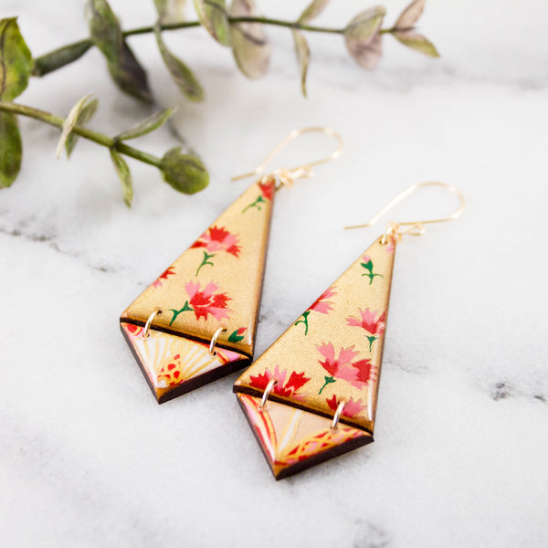 Japanese Double Triangle Earrings- Gold + Pink Floral