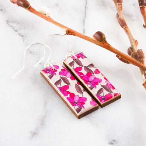 Magenta Pink Graphic Floral Rectangle Earrings