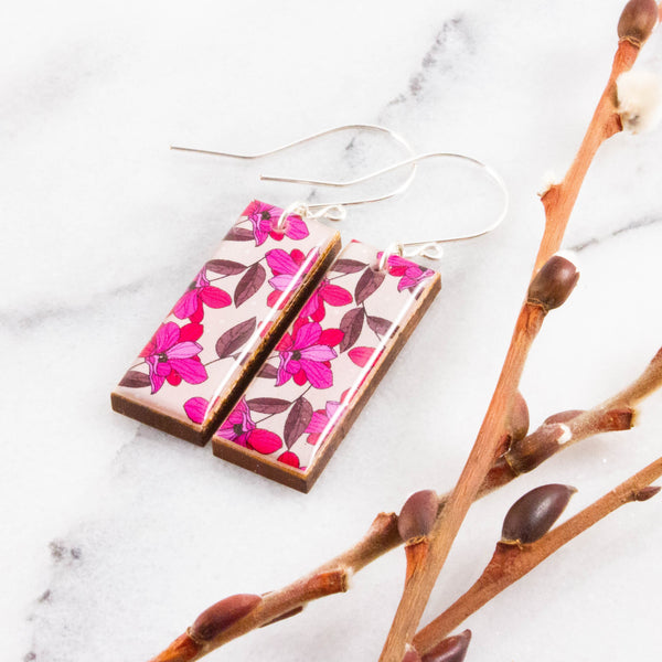 Magenta Pink Graphic Floral Rectangle Earrings