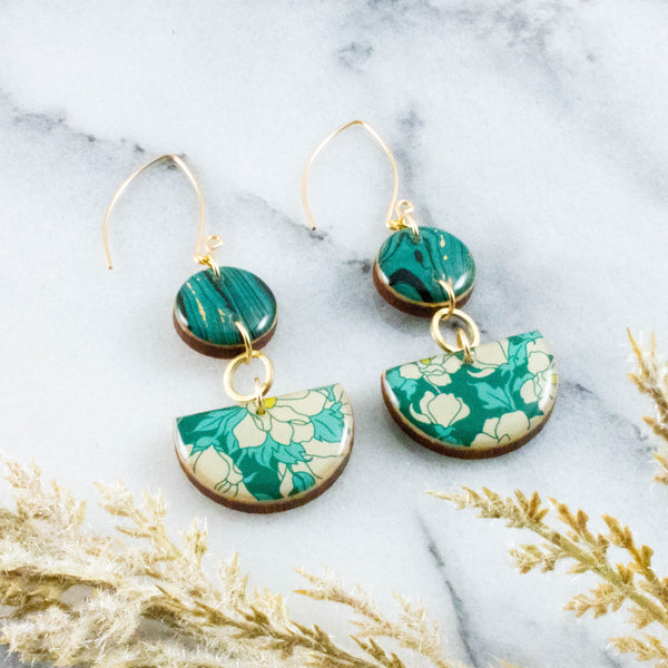 Teal Dogwood Floral Half Circle Stacked Earrings