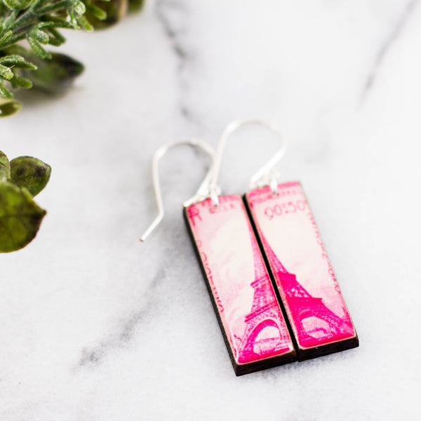 FRANCE- Pink Eiffel Tower Vintage Postage Stamp Earrings