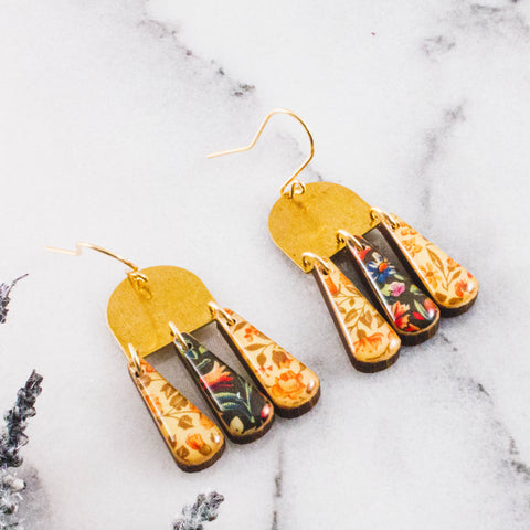 Cottage Calico Brass Drop Earrings