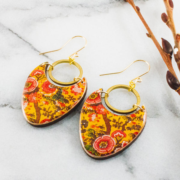 Gold Floral Brass Ring Statement Earrings