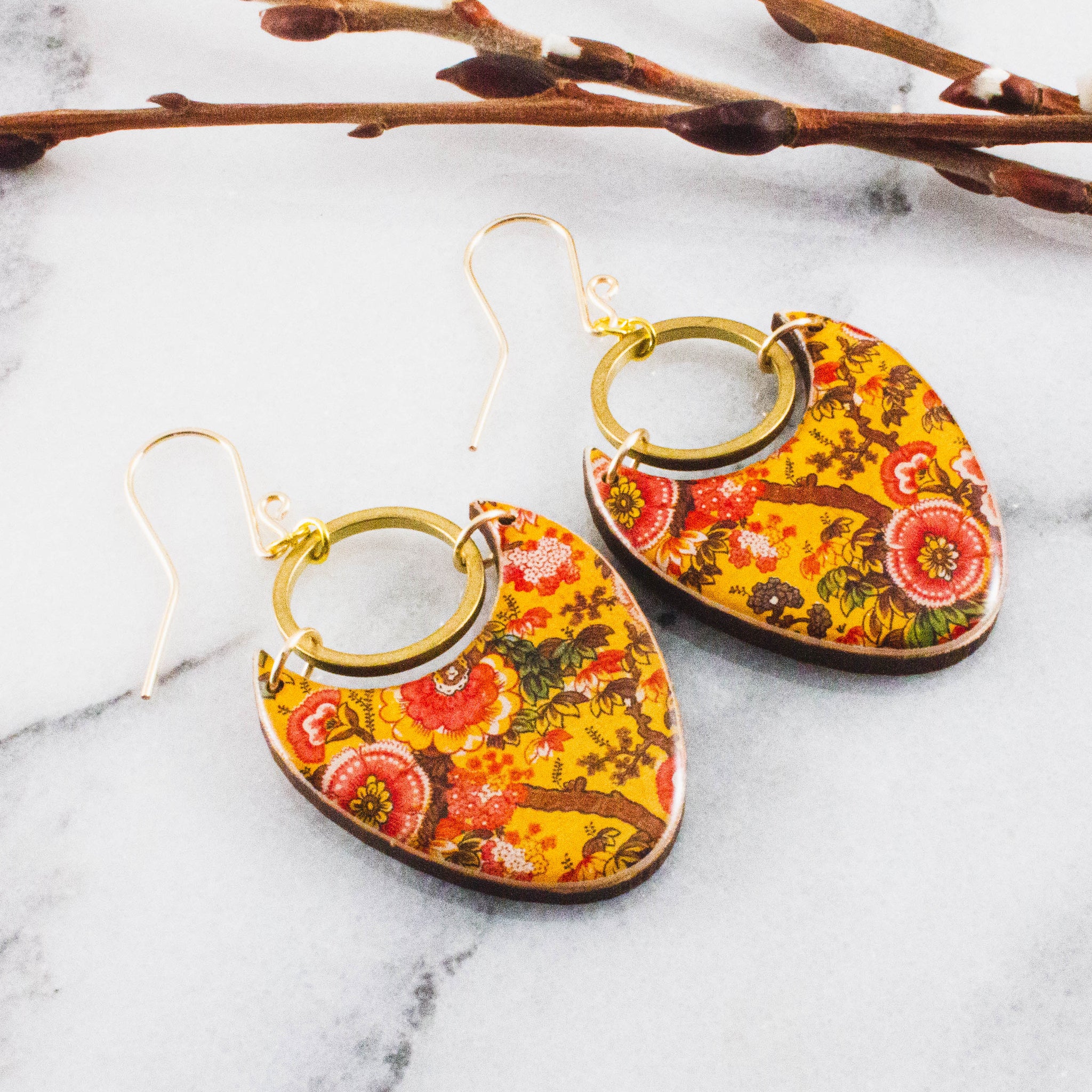 Gold Floral Brass Ring Statement Earrings