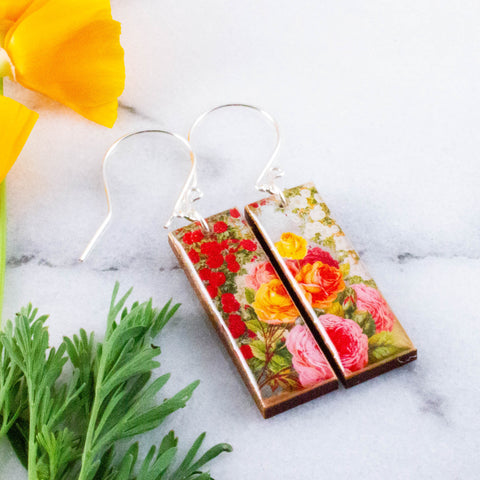 Vintage Seed Packet Roses Rectangle Earrings