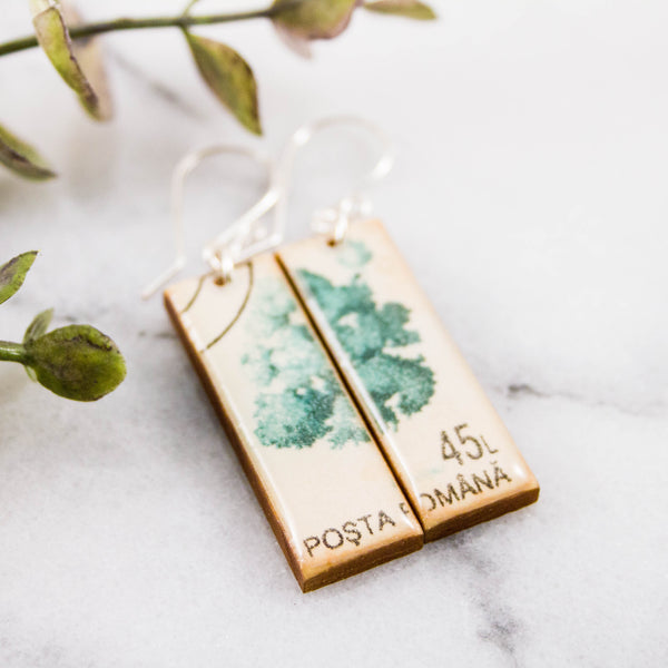 ROMANIA- Vintage Tree Postage Stamp Earrings
