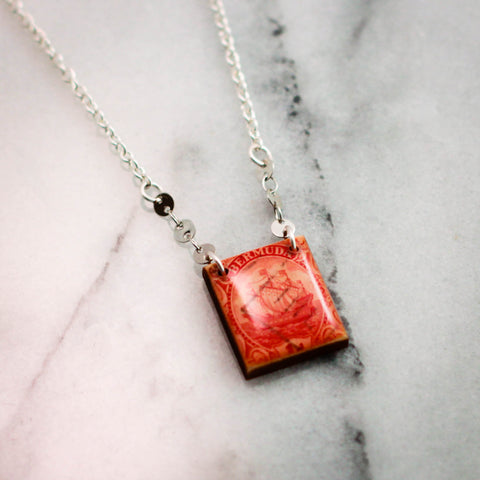 BERMUDA- Antique Postage Stamp Red Necklace