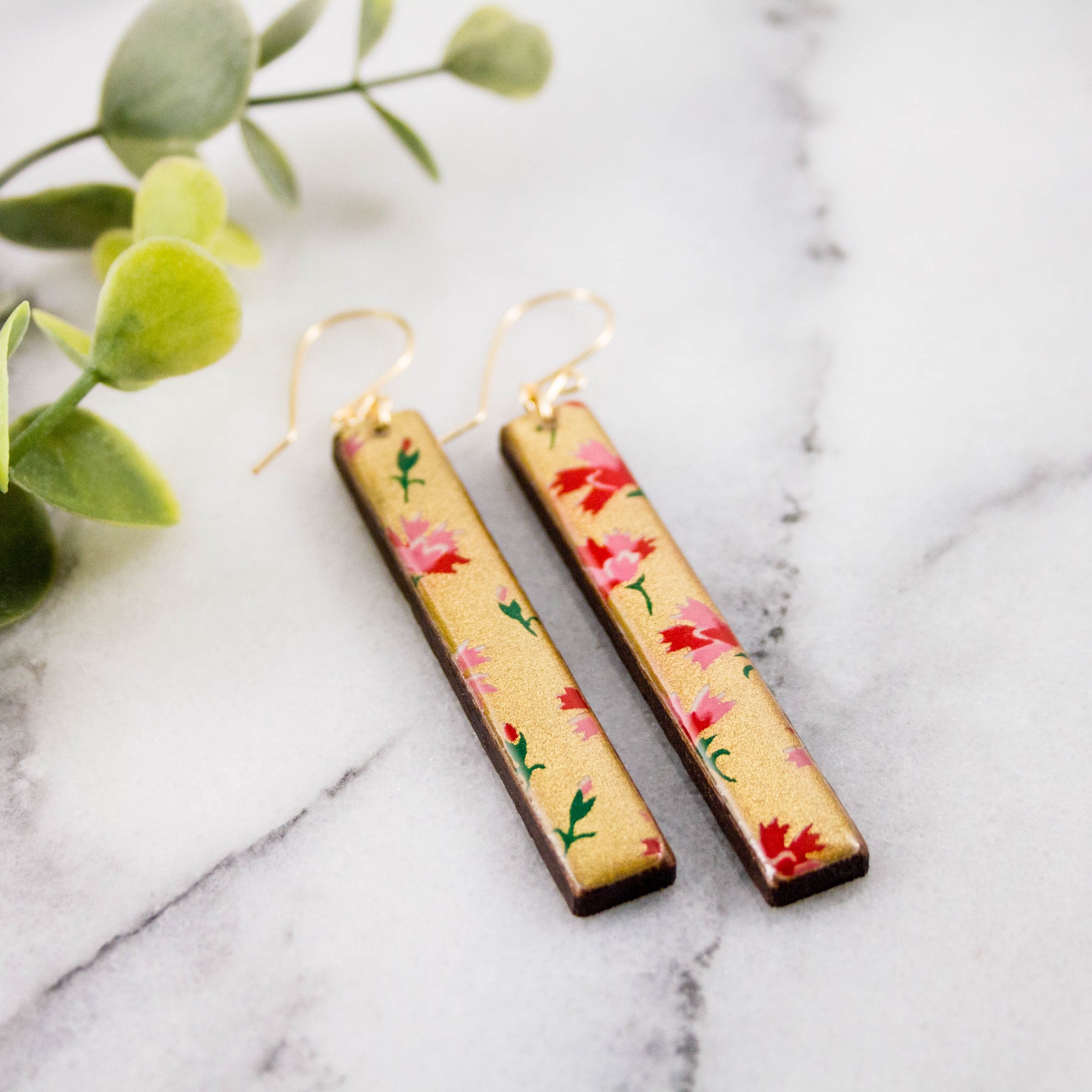 Gold + Pink Floral Bar Earrings