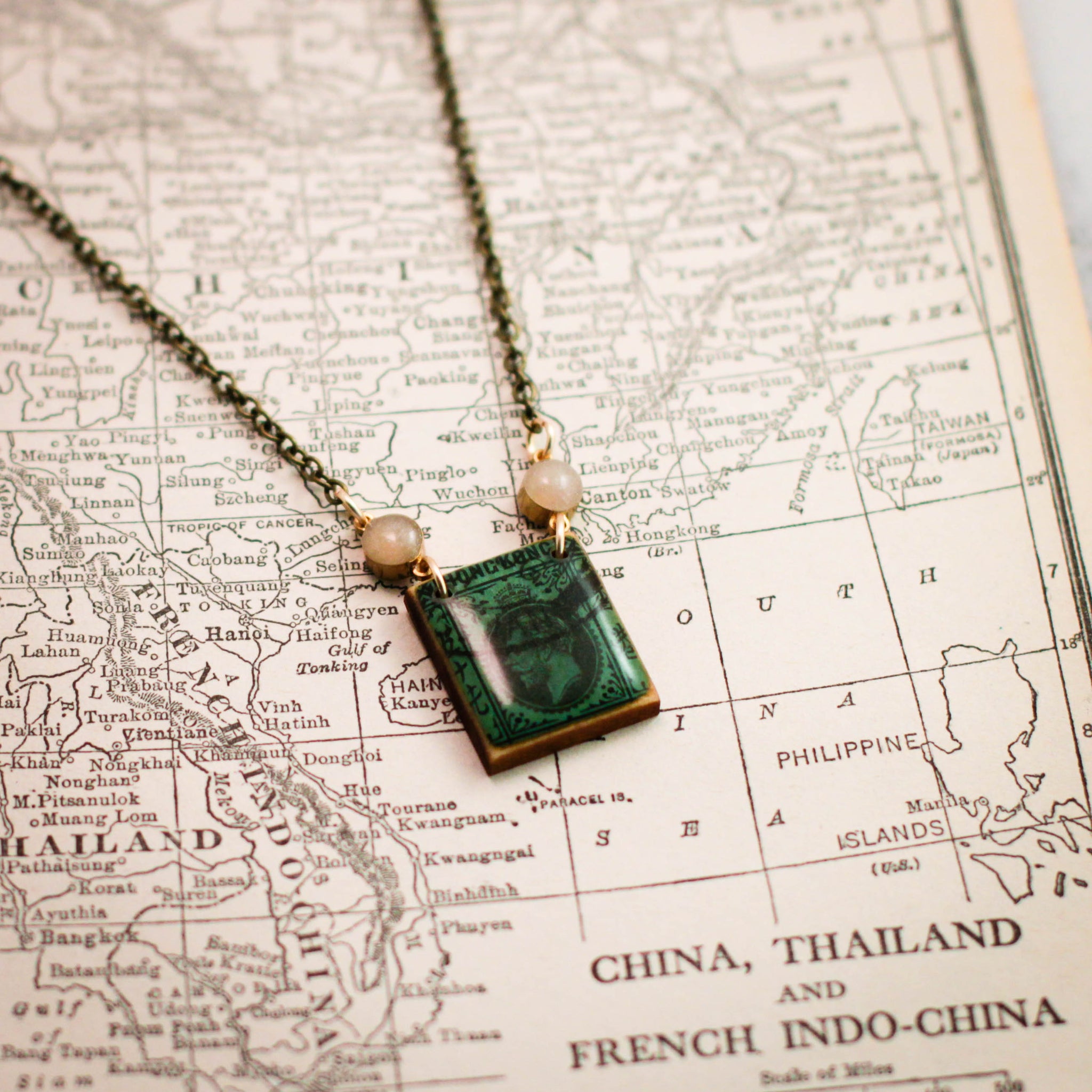 HONG KONG- Antique Postage Stamp Turquoise Portrait Necklace
