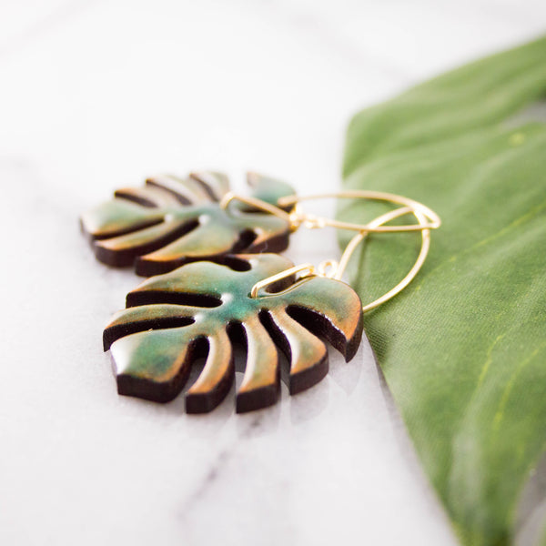 Monstera Leaf Wood + Resin Earrings