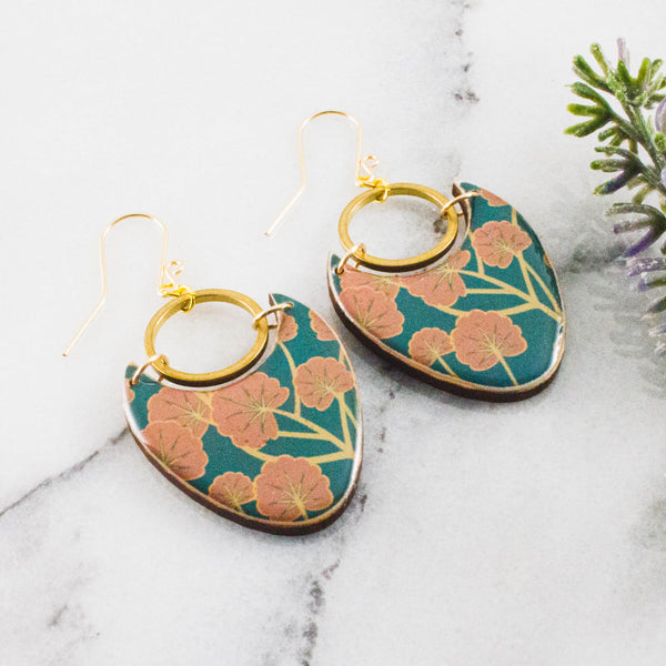 Teal + Pink Floral Brass Ring Statement Earrings