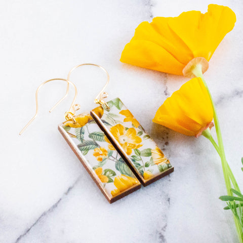 Golden Yellow Dogwood Rectangle Earrings