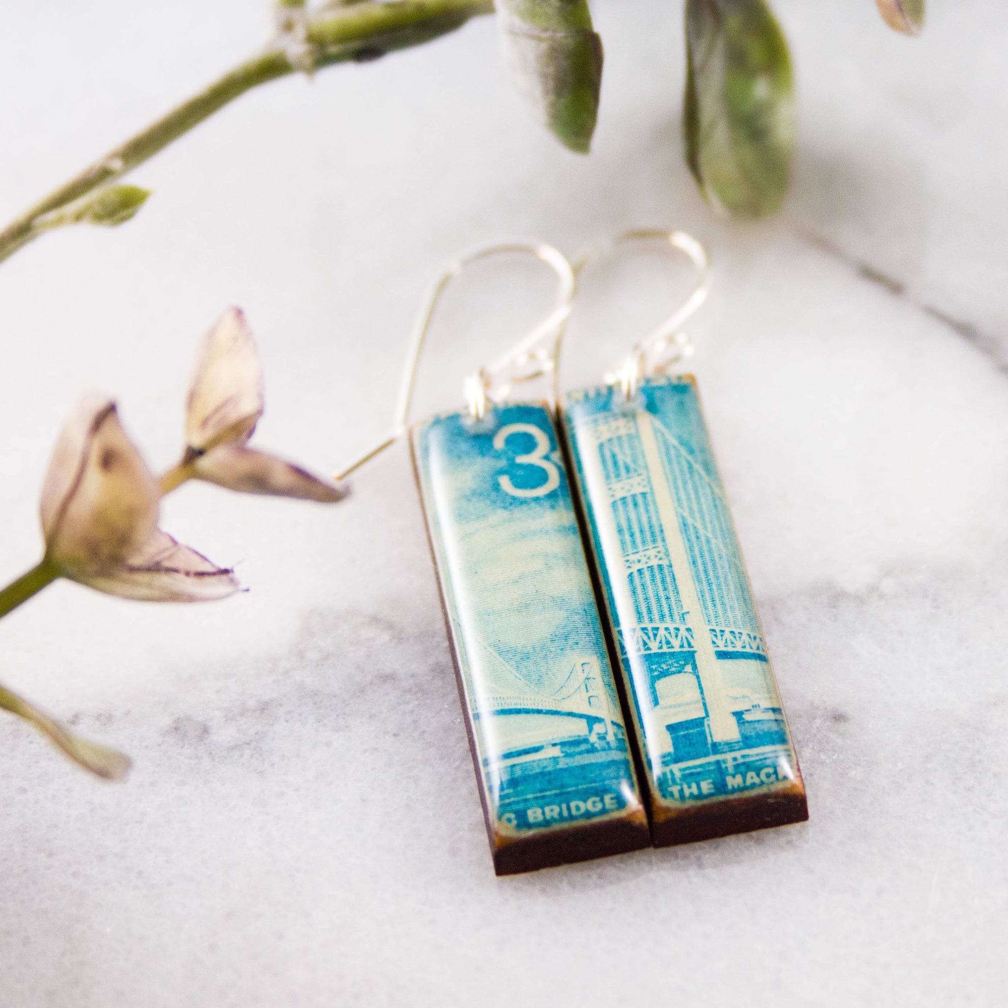 MICHIGAN- Mackinac Bridge Vintage Postage Stamp Earrings