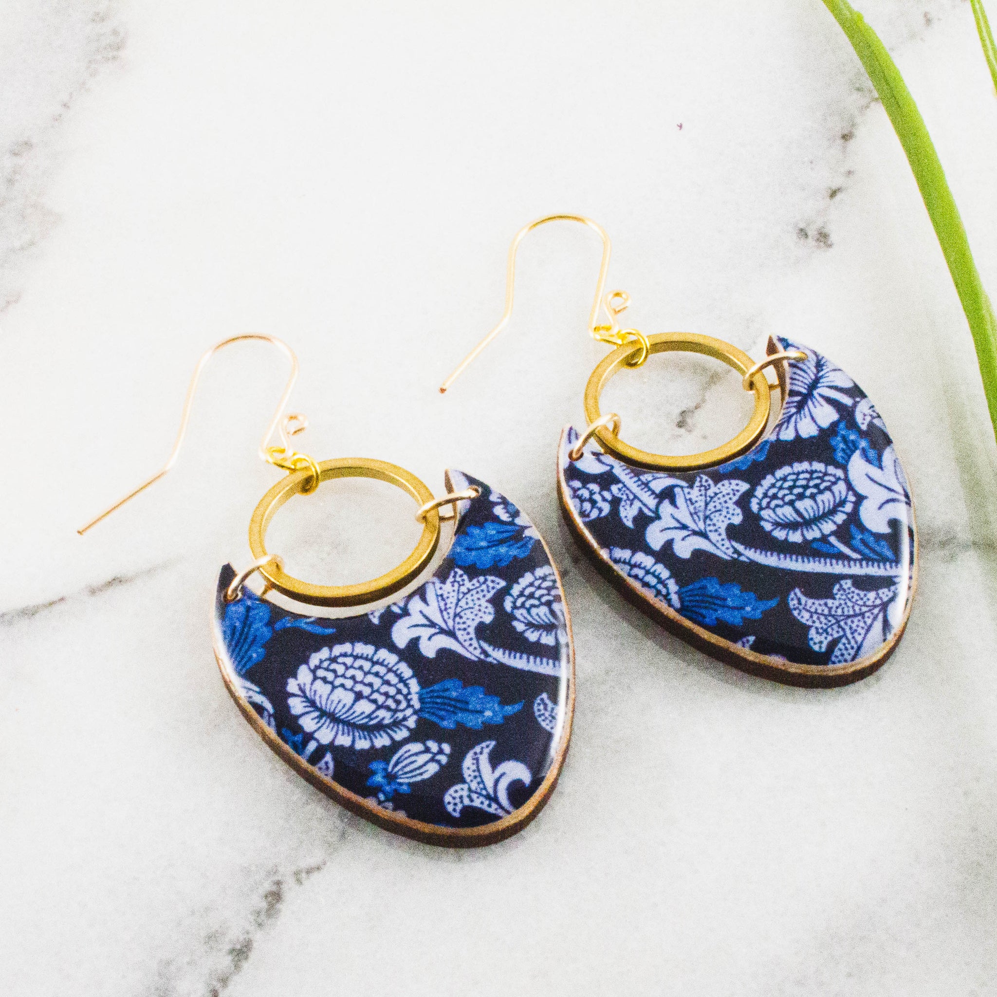 Blue Floral Brass Ring Statement Earrings