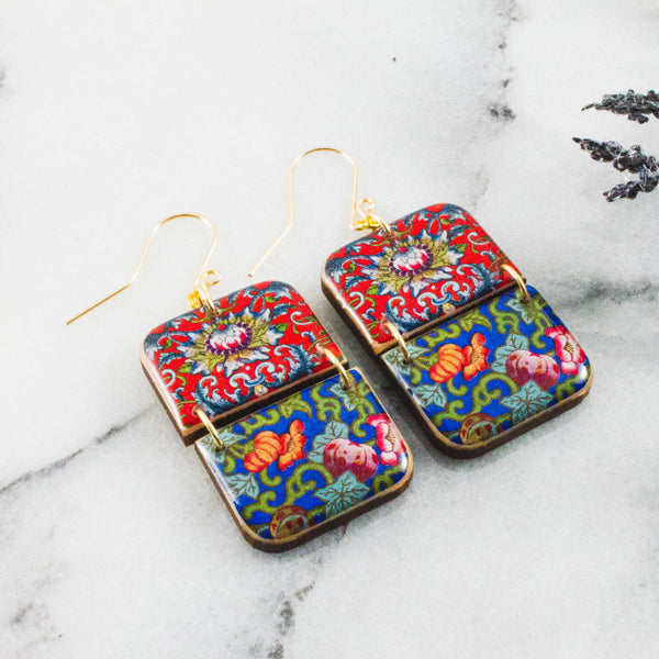 Red + Blue Chinese Motif Rectangle Earrings