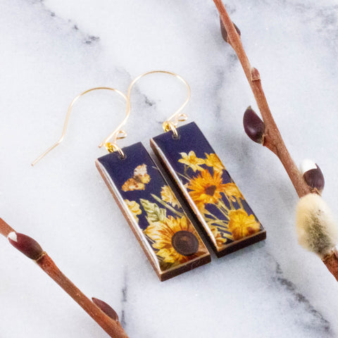 Navy + Gold Sunflowers Rectangle Earrings