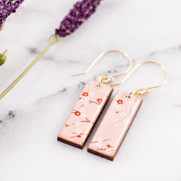 Pale Pink Cherry Blossom Rectangle Earrings