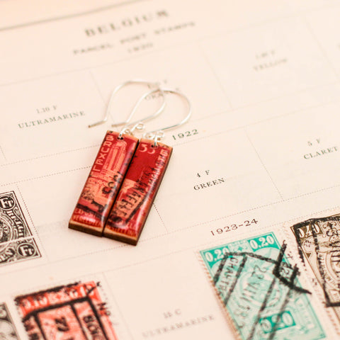 BELGIUM- Vintage Postage Stamp Bright Red Earrings