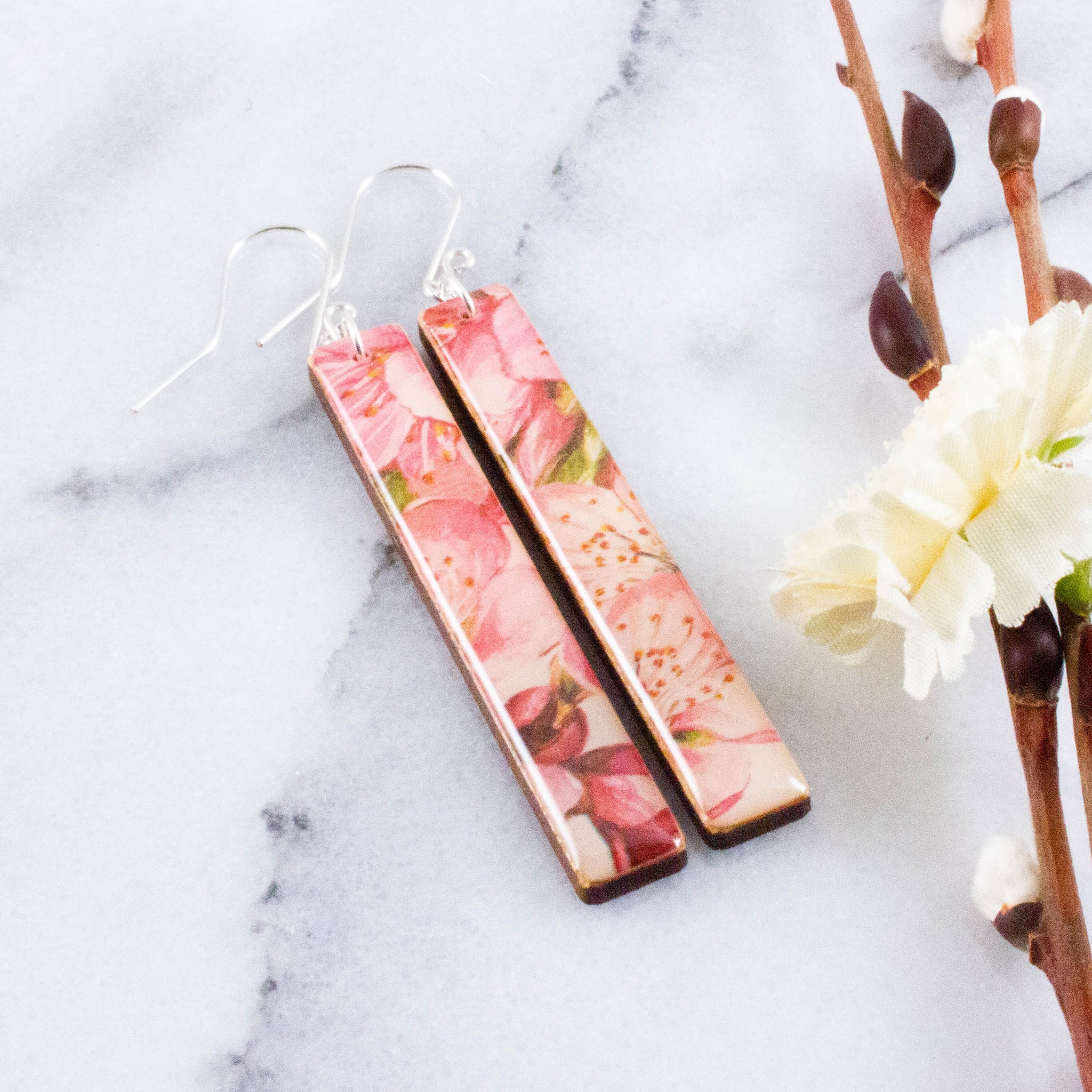 Pink Watercolor Cherry Blossom Bar Earrings