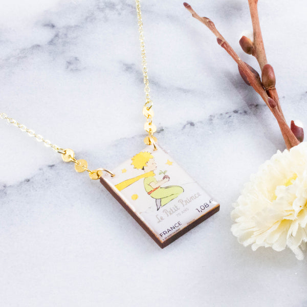 Vintage French The Little Prince Postage Stamp Necklace
