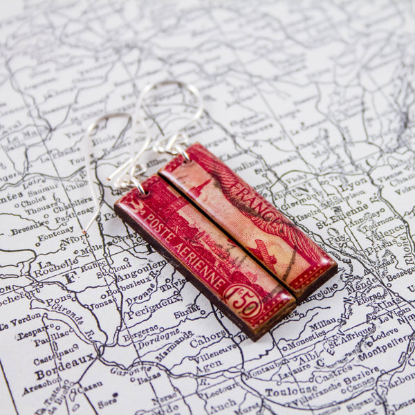 Antique French Red Airmail Postage Stamp Earrings