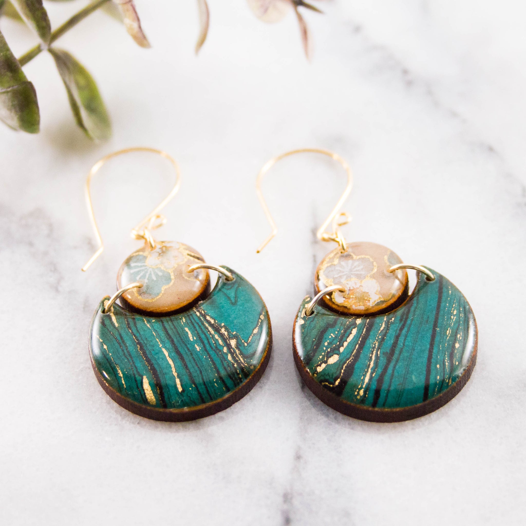 Japanese Double Circle Earrings- Turquoise Marble