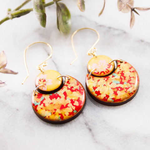 Japanese Double Circle Earrings- Red + Gold