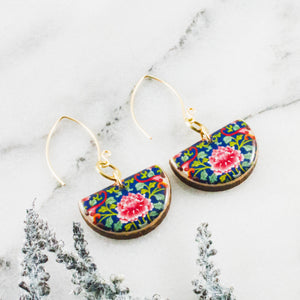 Blue Chinese Floral Half Circle Earring