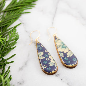 Blue + Cream Vintage Floral Teardrop Earrings