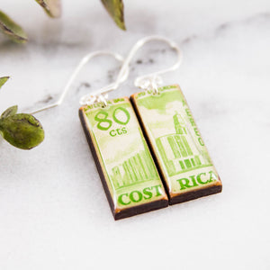 COSTA RICA- Vintage Green Postage Stamp Earrings
