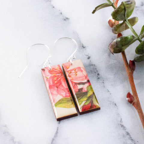 Pink Watercolor Cherry Blossom Rectangle Earrings