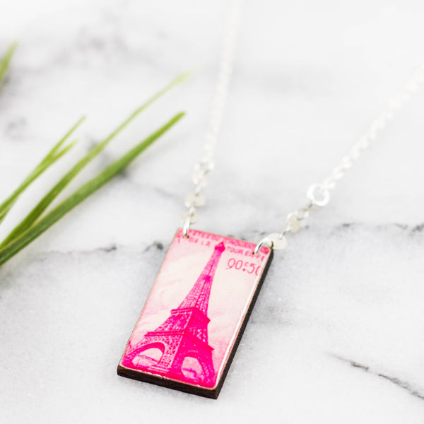 FRANCE- Pink Eiffel Tower Vintage Postage Stamp Necklace