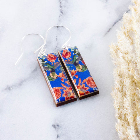 Royal Blue Hummingbird Floral Rectangle Earrings