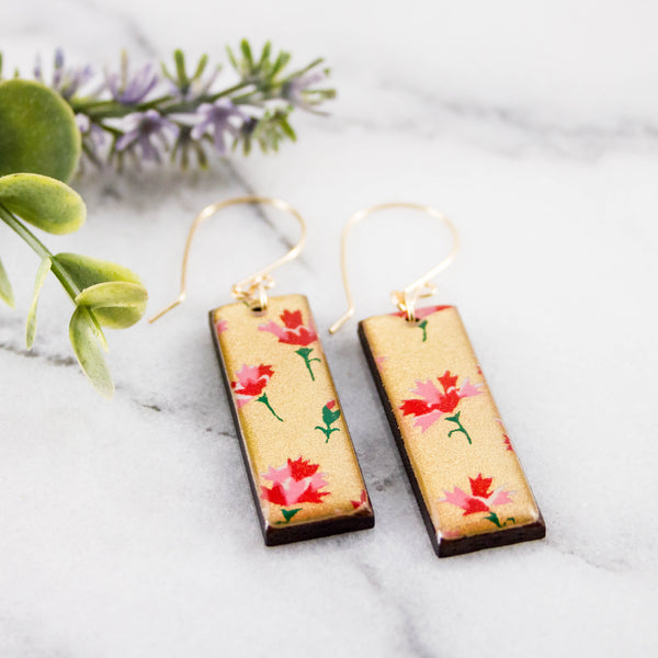 Gold + Pink Floral Rectangle Earrings