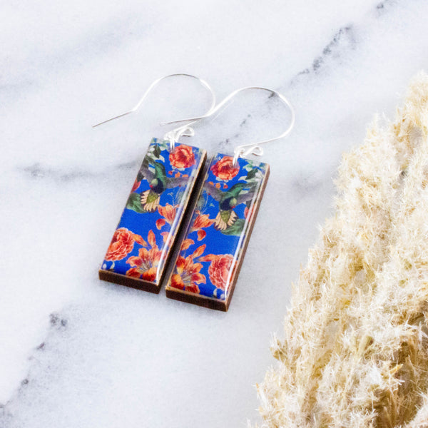 Royal Blue Hummingbird Floral Rectangle Earrings