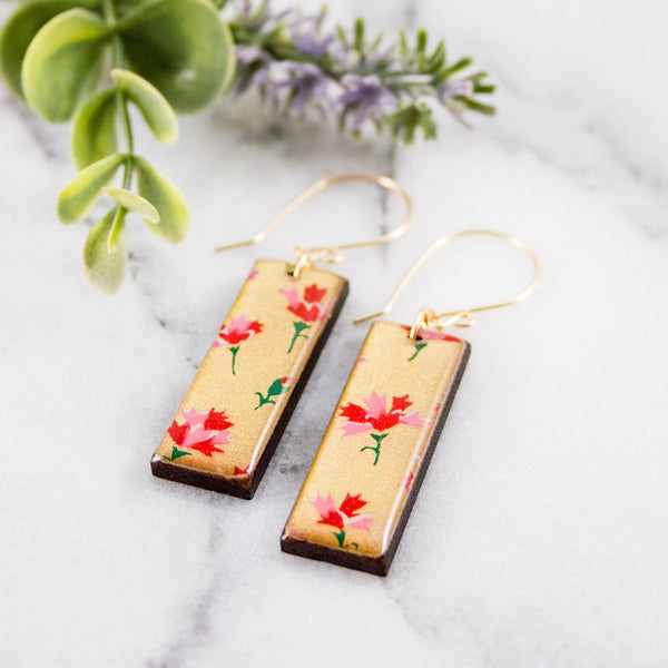 Gold + Pink Floral Rectangle Earrings