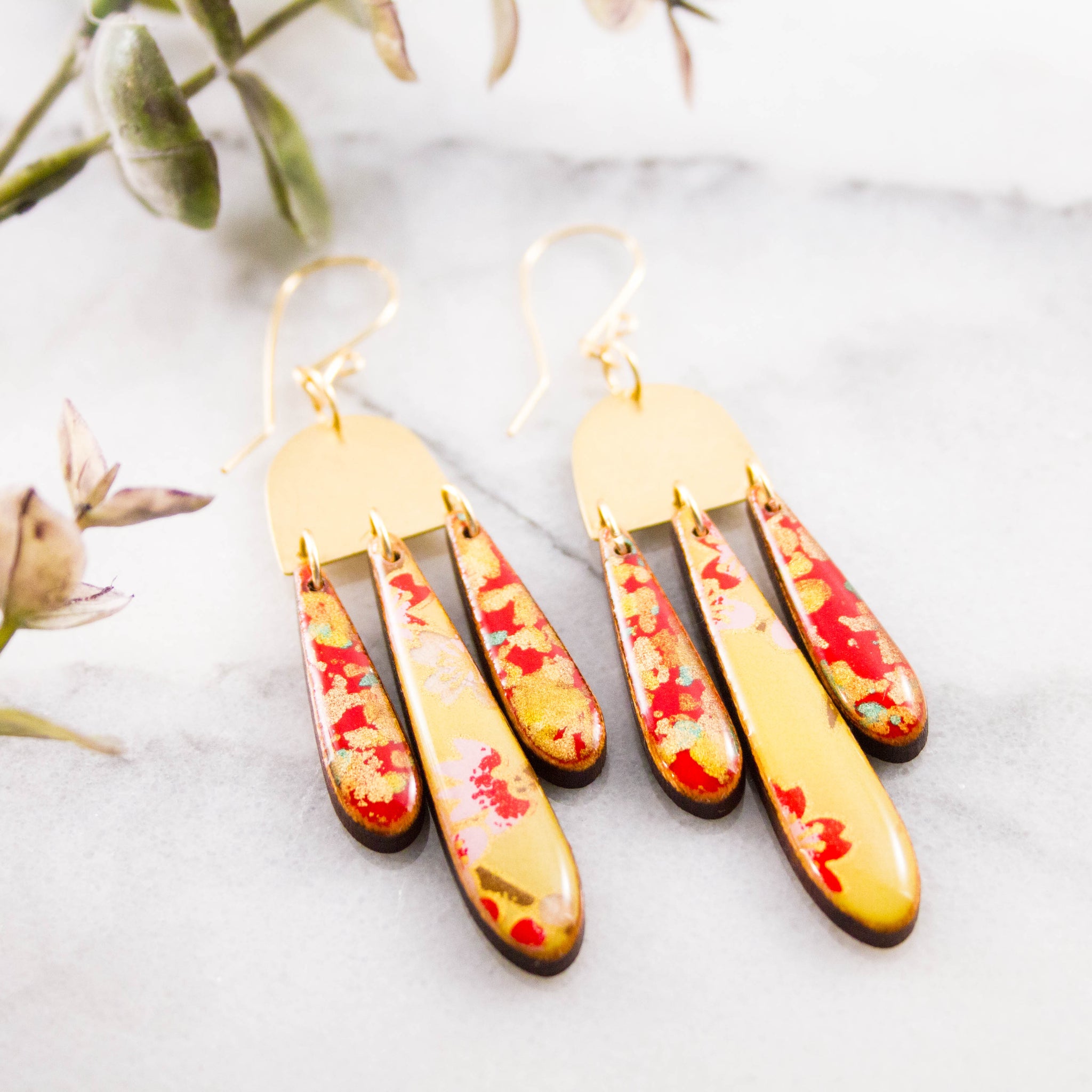 Japanese Triple Raindrop Earrings- Red + Gold