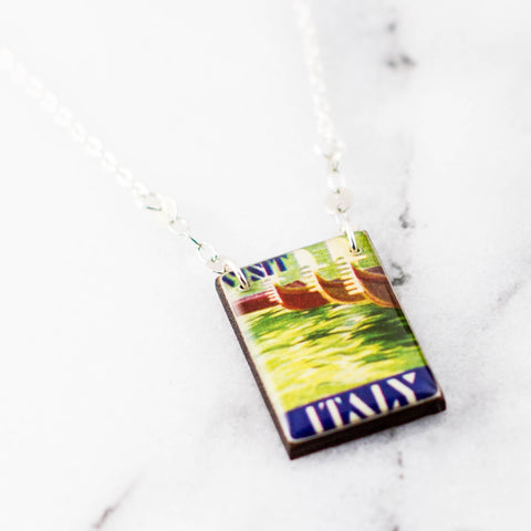 ITALY - Watercolor Vintage Italy Poster Stamp Necklace