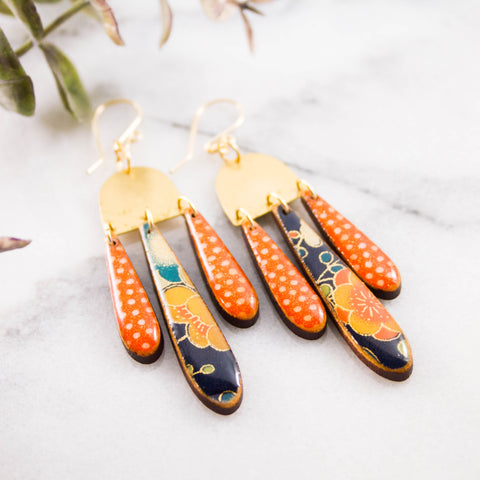 Japanese Triple Raindrop Earrings- Navy + Orange