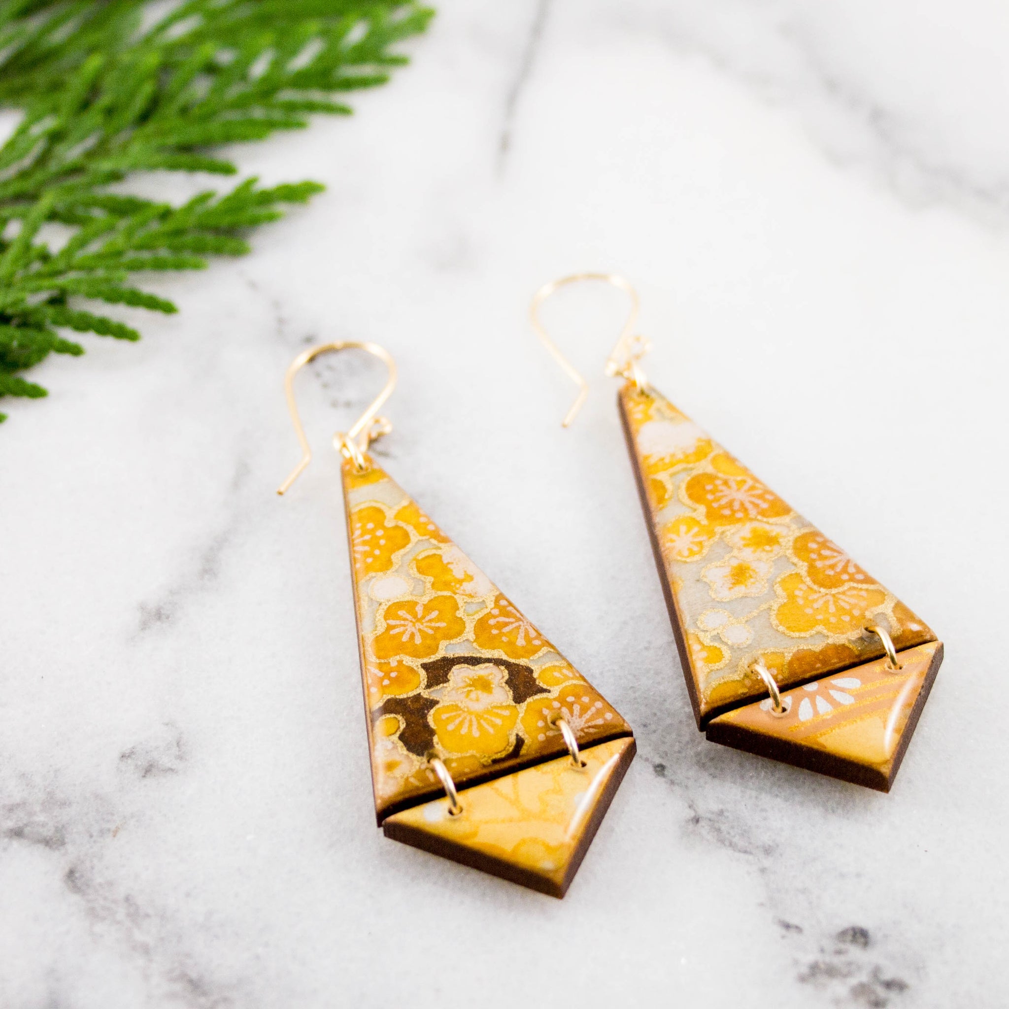 Double Triangle Earrings- Autumn Gold Floral