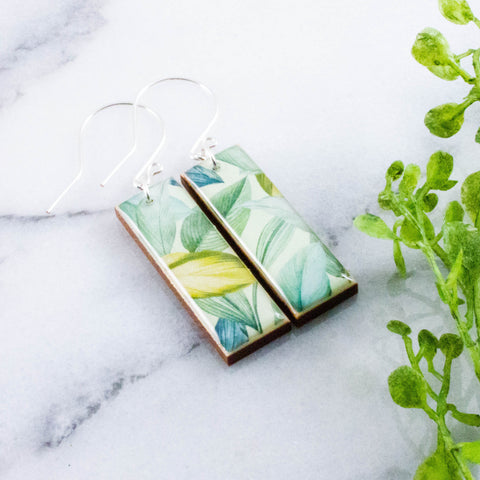 Modern Watercolor Leaves Rectangle Earrings