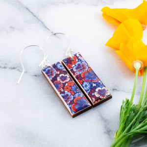 Blue + Red Pansy Rectangle Earrings